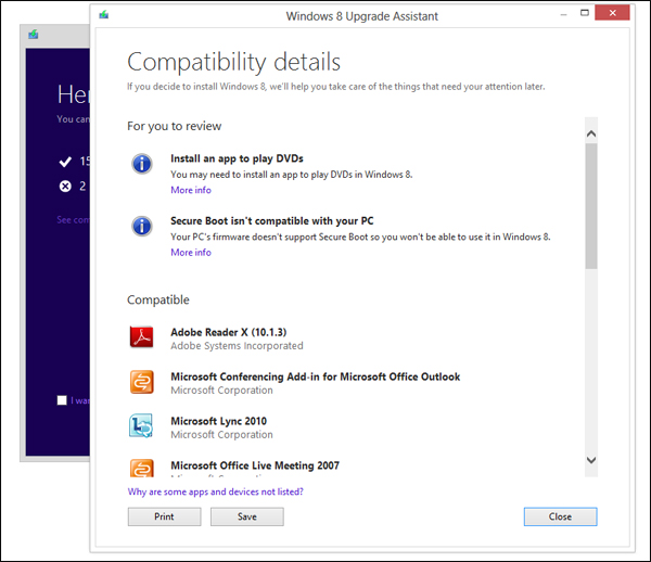Отчёт Windows 8 Upgrade Assistant (изображение Microsoft).